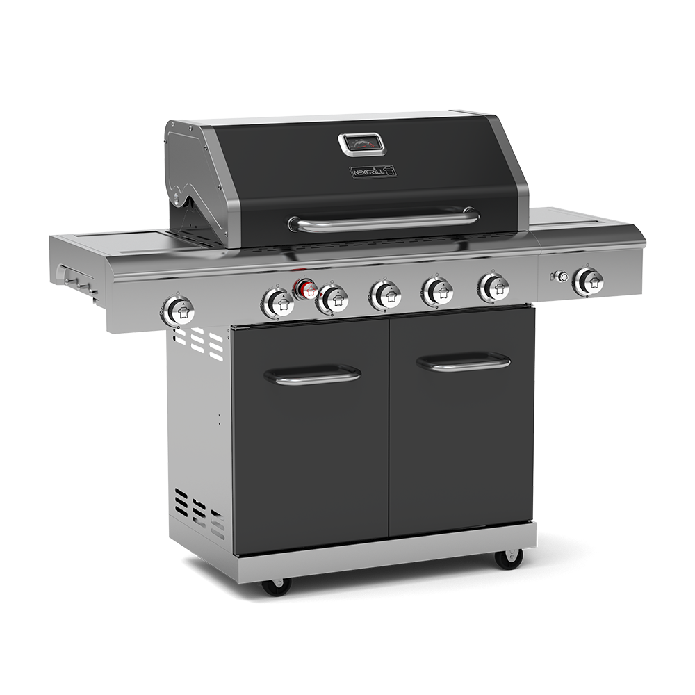 Deluxe 5-brännare propangasolgrill med keramisk bakre brännare, rostfritt stål och keramiska sidobrännare